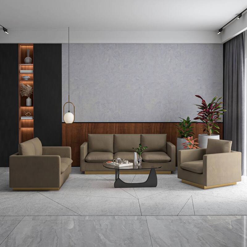 3-Piece Velvet Sofa Set with Brushed Gold Stainless Steel Base Nervo Series