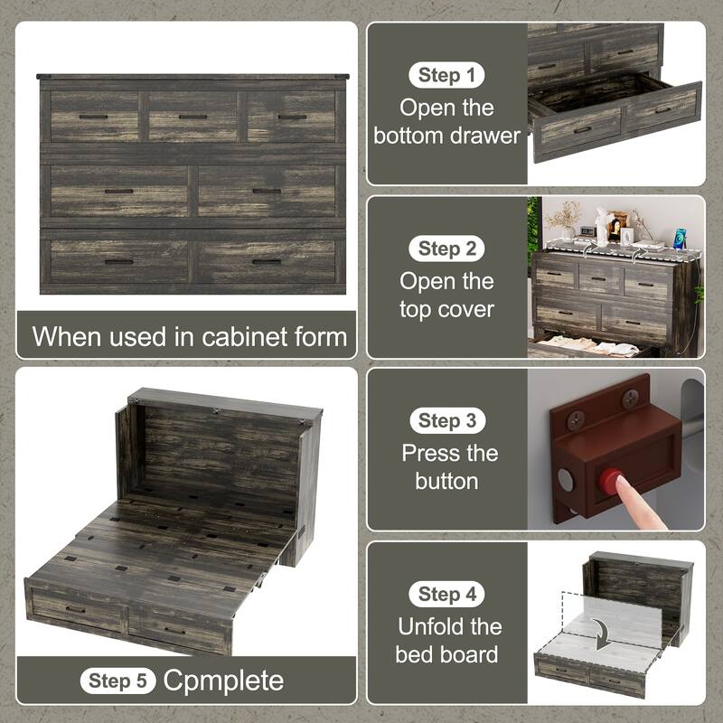 Queen Size Wood Murphy Bed with Charging Station and Drawer