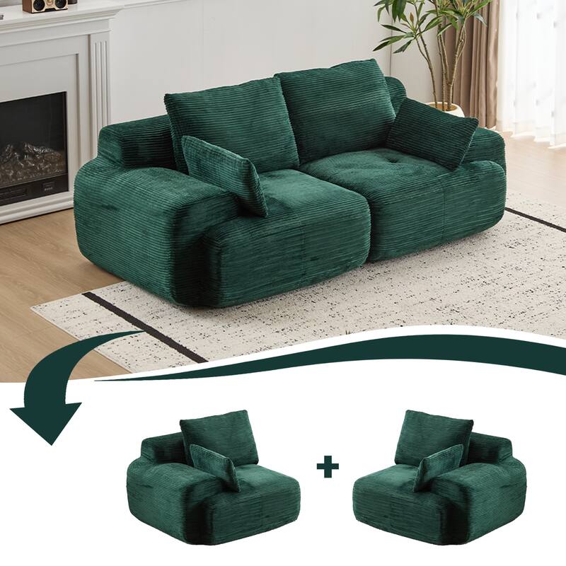 Modular Sectional 2-Seater Cloud Couch, Corduroy Upholstered Boneless Sofa, Compressed Sofa with Cushion & Throw Pillows - Green