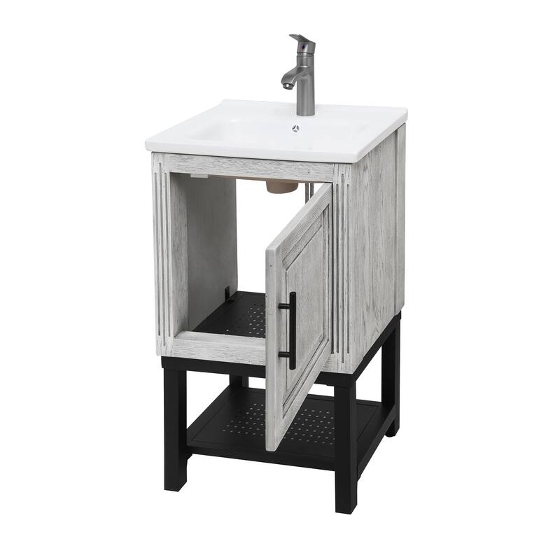 GDFStudio - CompactLine Modern Freestanding Bathroom Vanity with Ceramic Sink and Open Metal Shelf - 20 Inch