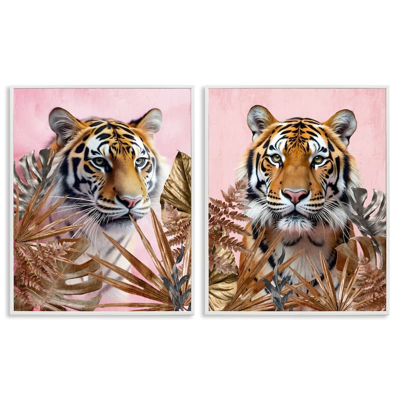 Stupell Fierce Tigers & Gold Leaves Framed Giclee Art Design By Kim Allen (Set of 2) - 16 x 20 - White