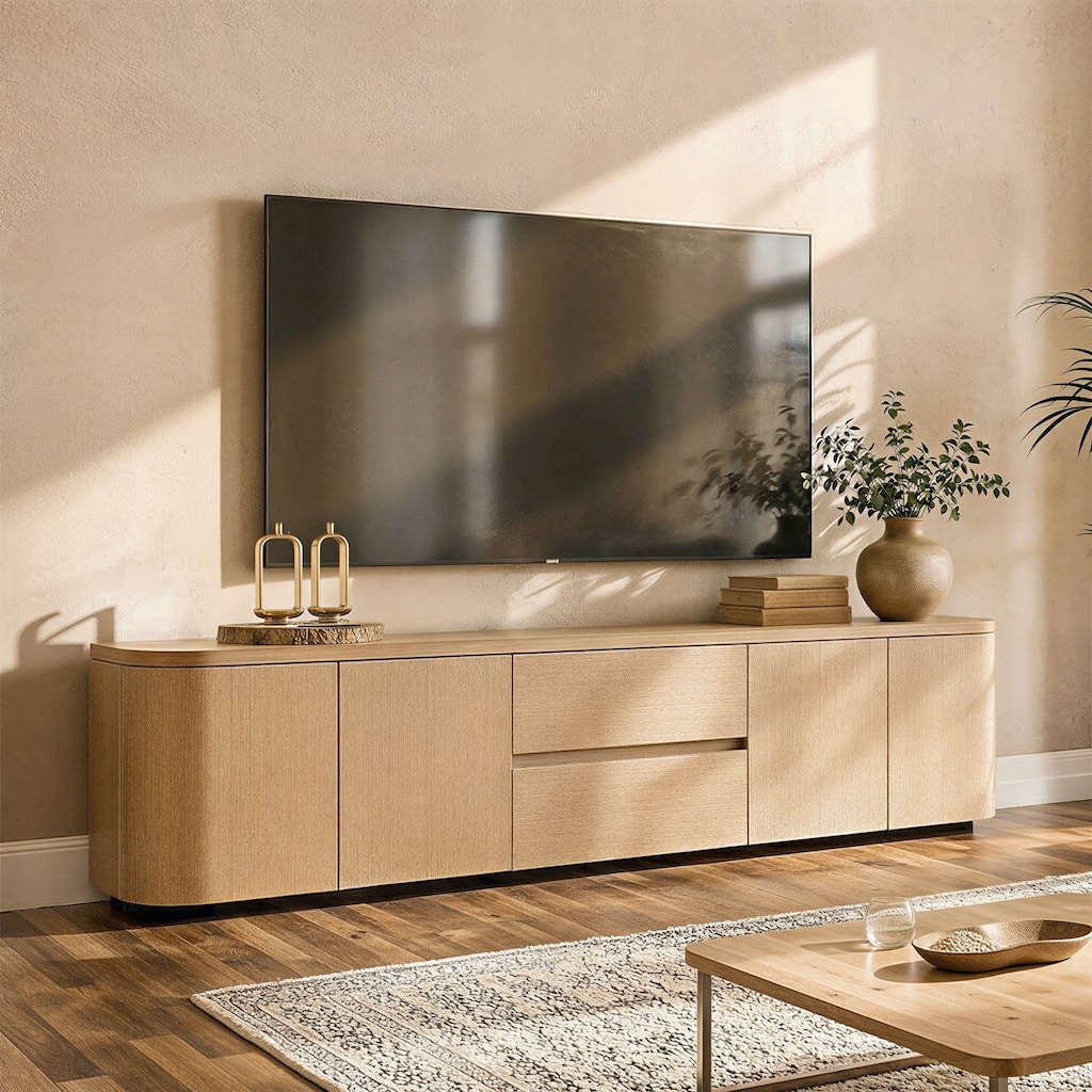 Modern Oak Wood TV Stand with 2 Drawers and Cabinets, 86.6" Long Media Console with Push-to-Open Doors, Anti-Tip Safety Design