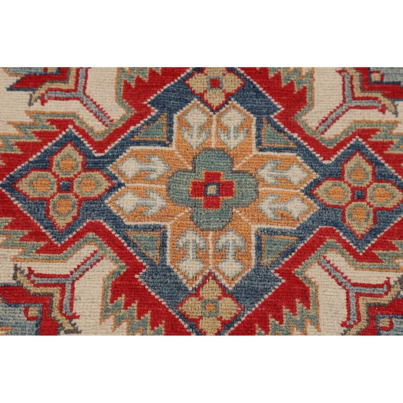 Ivory Geometric Kazak Oriental Area Rug Handmade Wool Carpet - 8'0" x 10'3"