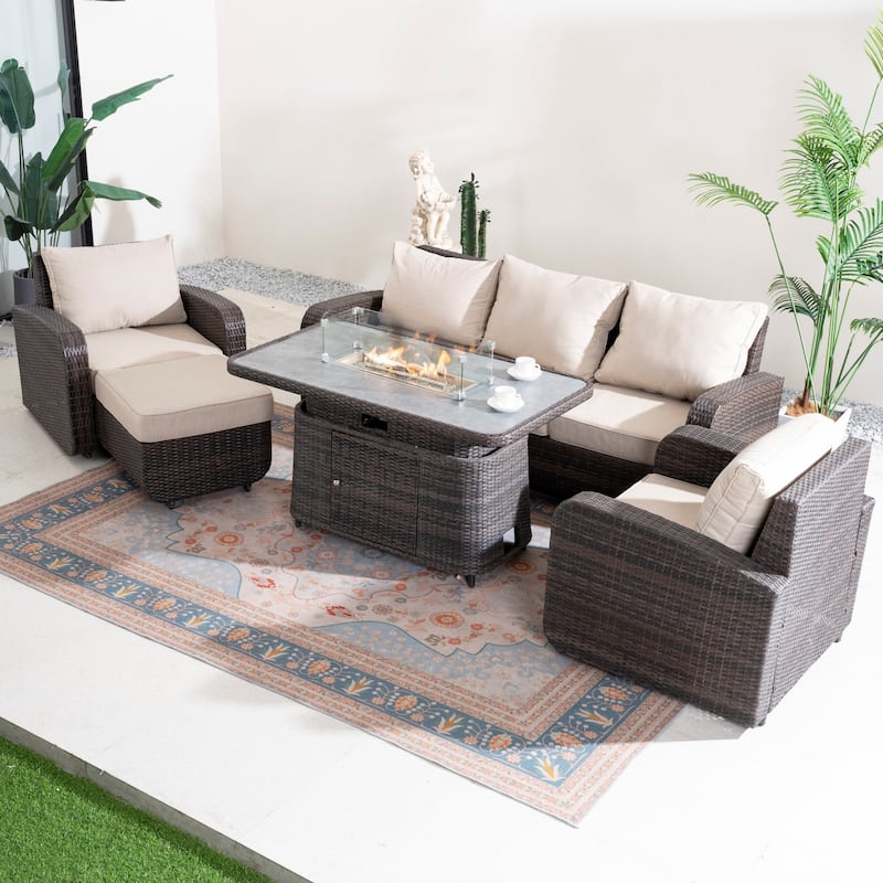 4/5-Piece PE Wicker Outdoor Sofa Set with 50,000 BTU Propane Fire Pit Table - 5-Piece