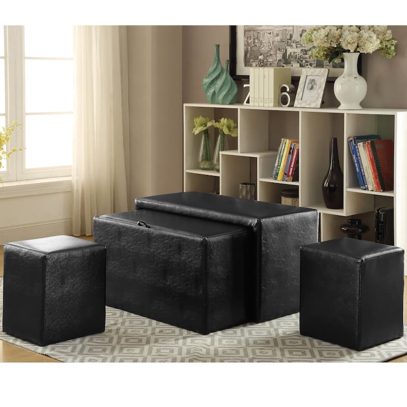 Cole Contemporary Faux Leather 4-Piece Nesting Bench and Ottoman Set by Furniture of America - Dark Brown