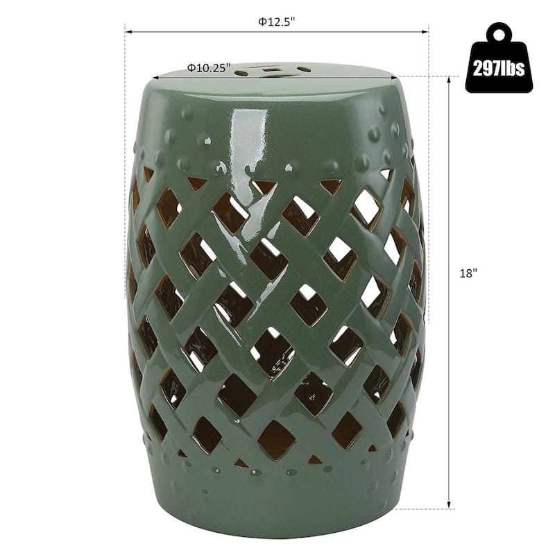 Outsunny 13" Heavy Duty Multi-Use Ceramic Garden Stool / Round Side Table / Foot Rest with Lattice Ring Design Green