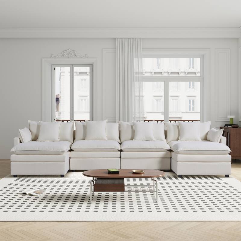 U-Shaped Chenille Fabric Couch with Ottoman Bench, Spacious 4-Seater Sofa for Living Room - White