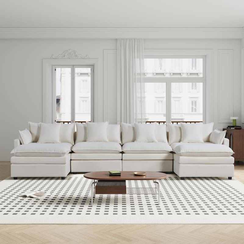 White 142.52" U-Shaped 6-Seater Sectional Sofa with Convertible Chaise and Ottomans, Spacious Cloud Couch for Comfort