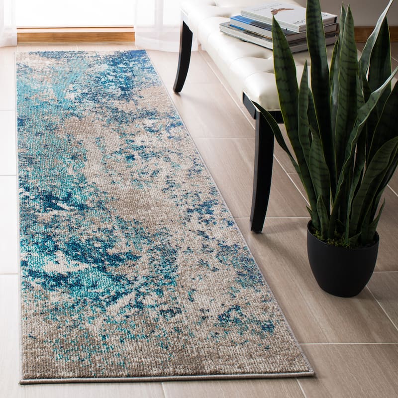 SAFAVIEH Madison Memnuna Modern Abstract Rug - 2'2" x 14' Runner - Blue/Beige - Runner