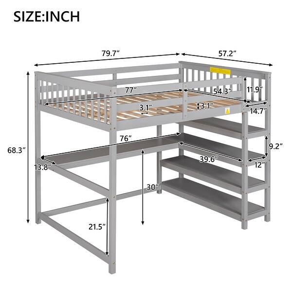 Industrial Modern Full Size Loft Bed with Storage Shelves and Under-bed Desk, Sturdy Construction & Safety Guaranteed, Grey