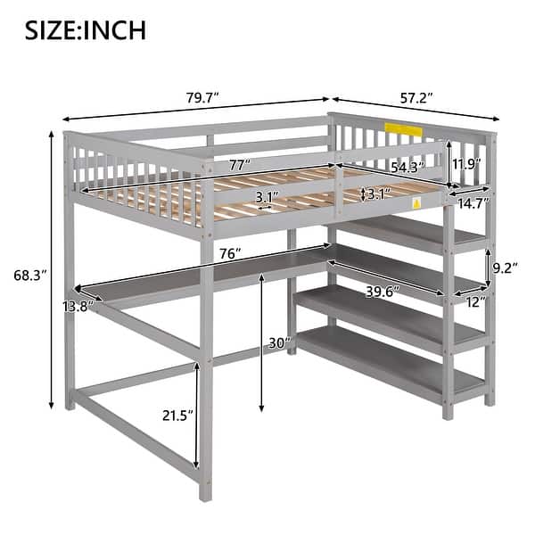 dimension image slide 3 of 6, Space-Saving Loft Bed with Storage Shelves and Desk, Solid Wood Loft Bed Frame with Ladder and Guardrail for Kids Teens Adults