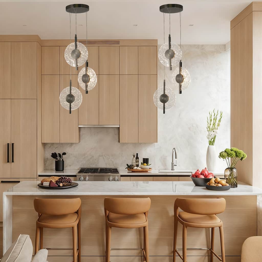 Modern LED 3-Light Black Chandelier Cluster Textured Glass Pendant for Kitchen Island - Gold