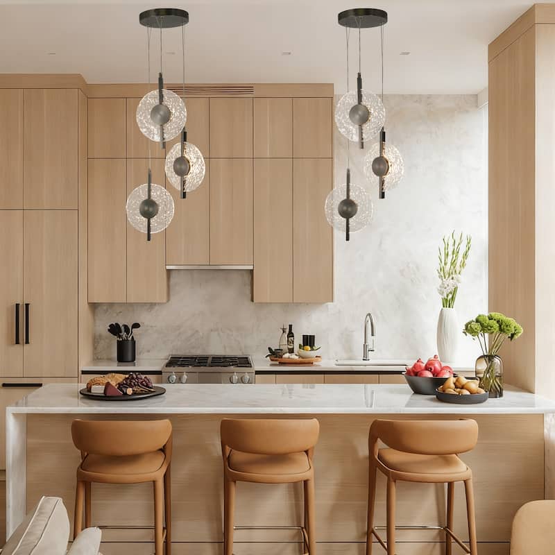 Modern LED 3-Light Black Chandelier Cluster Textured Glass Pendant for Kitchen Island - Gold