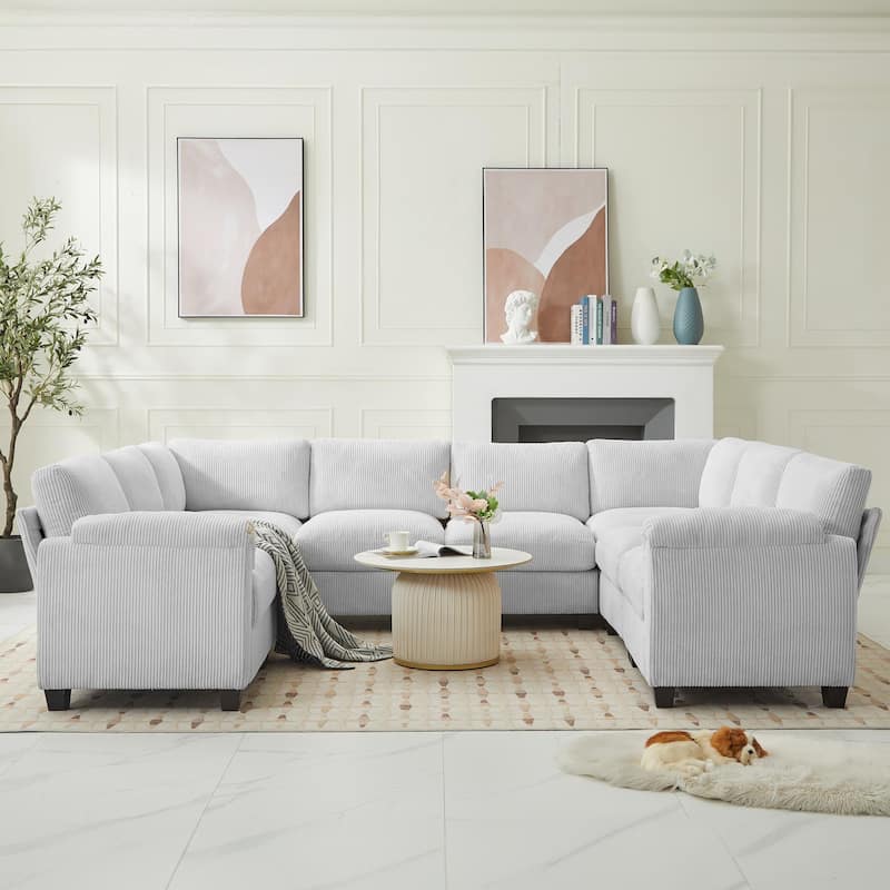 Corduroy Corner Sectional Sofas with Chaise, U-shaped Symmetrical 8-seat Modular Couch