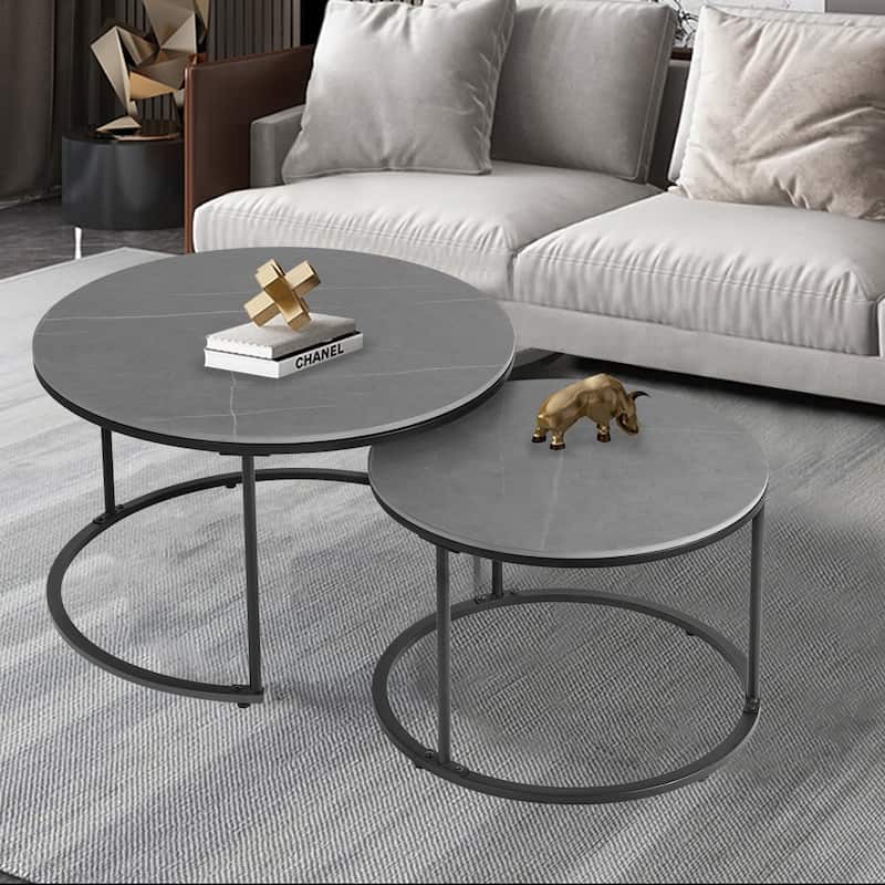 Nesting Coffee Table Black Metal Frame with Round Sintered Stone Top - 31.5x17.7 inch - Black + Dark Grey
