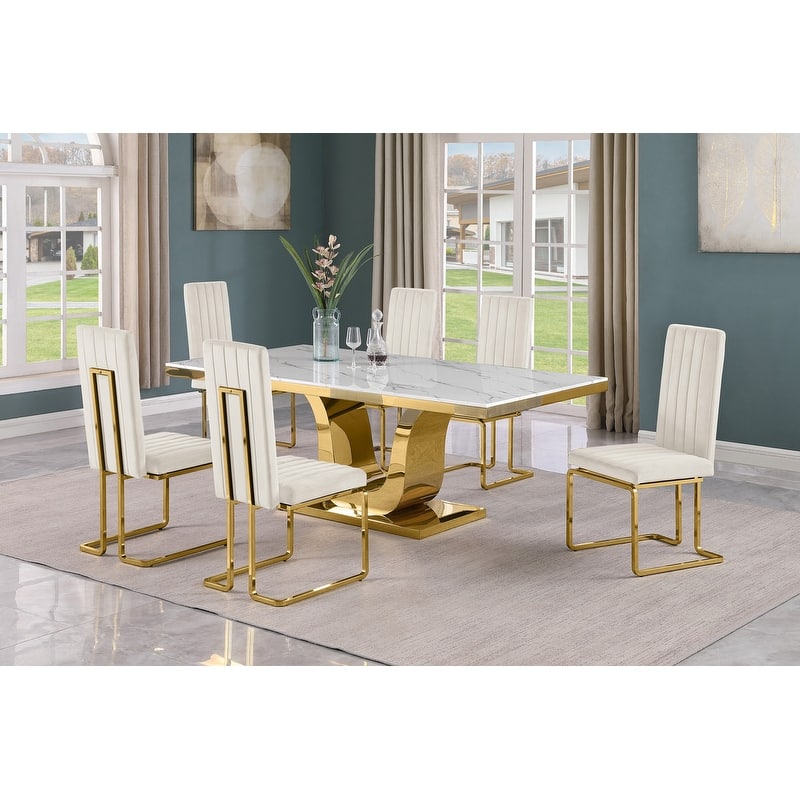 Best Quality Furniture D321-SC344-7 Dining Set with 78" White Marble Top - 7-Piece - Cream / Gold