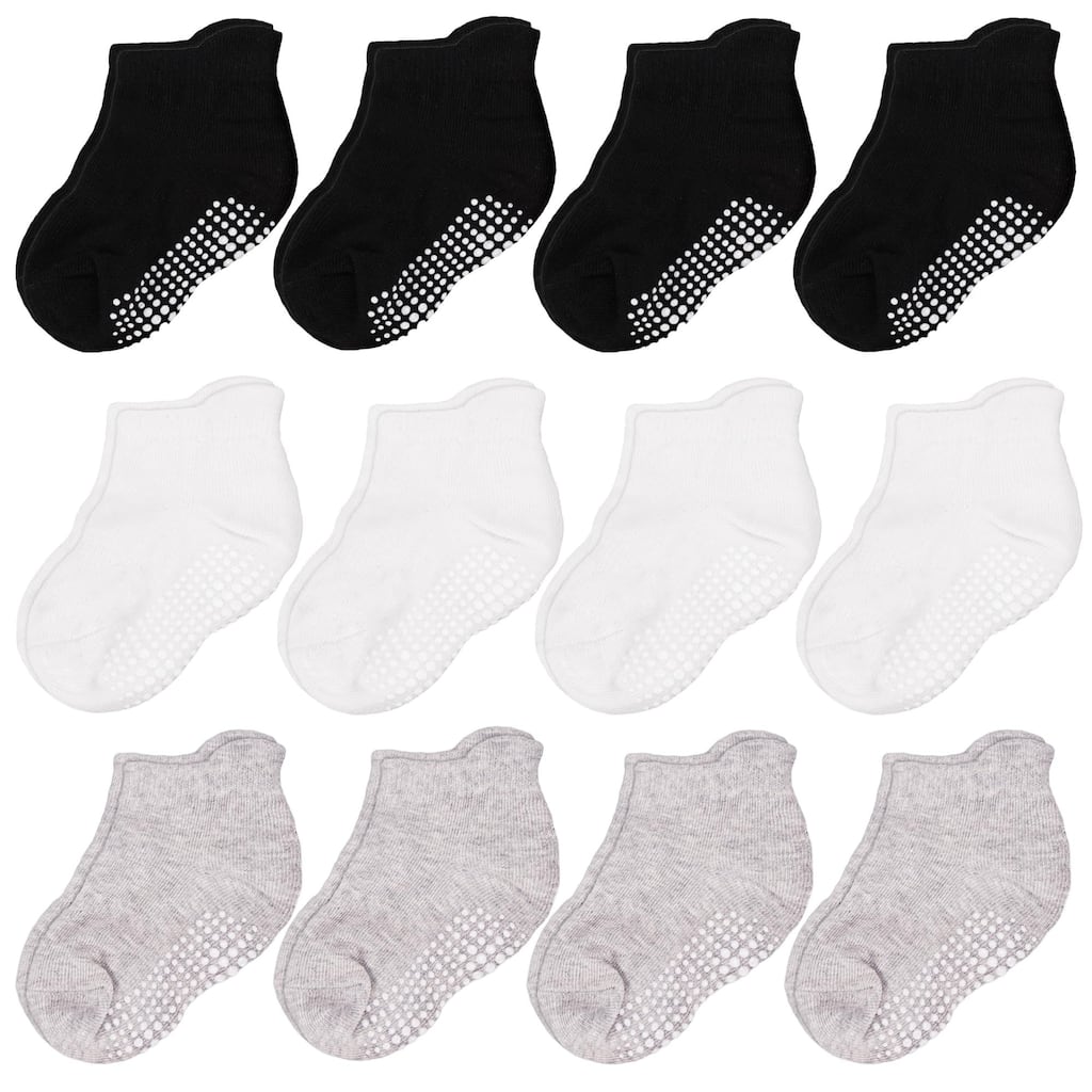 CozyWay Ankle Grip Socks Black/White/Gray - 12 pair, 1-3 Years, Unisex