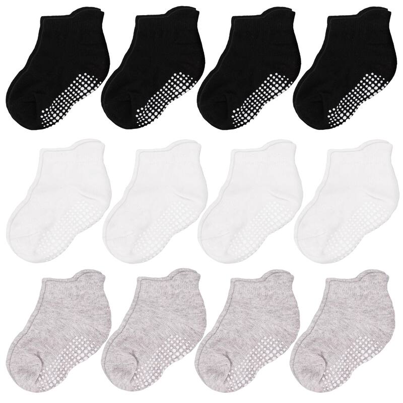 CozyWay Ankle Grip Socks Black/White/Gray - 12 pair, 1-3 Years, Unisex