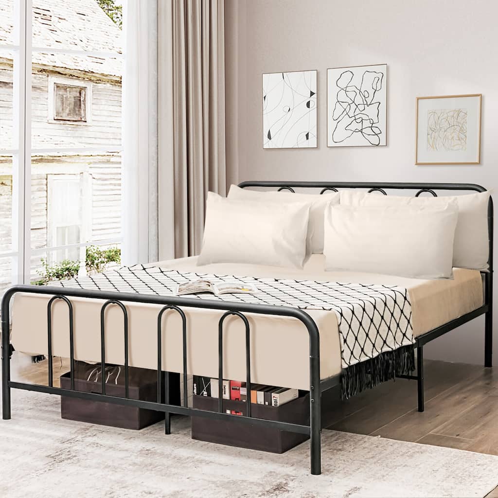 Gymax Stylish Full Size Metal Bed Frame Platform Bed Base w/ Headboard