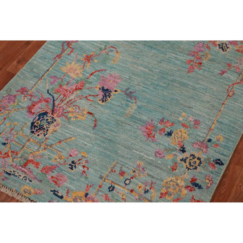 Art Deco Turkish Runner Rug Hand-Knotted Blue Wool Carpet - 2'8" x 8'1"