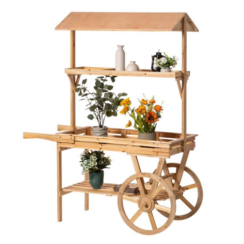 Wooden Rolling Table Cart with 2 Wheels Wagon with Shelves for Display Rack - Natural 