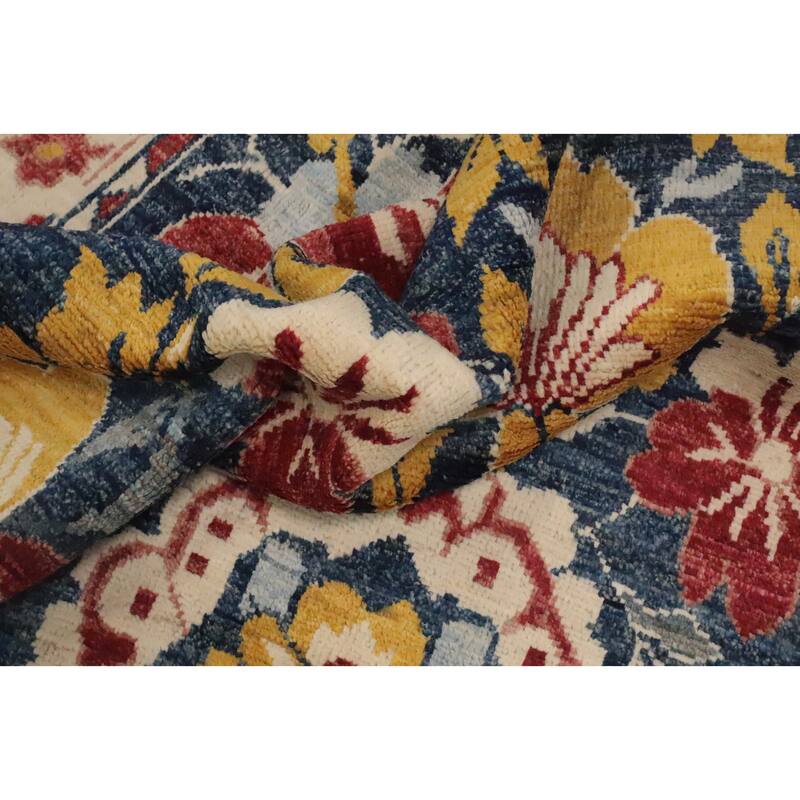 Hand Knotted Oriental 100% Wool Carpet Transitional Floral Navy Blue & Blues Oushak Area Rug - 6' 6'' X 5' 3''