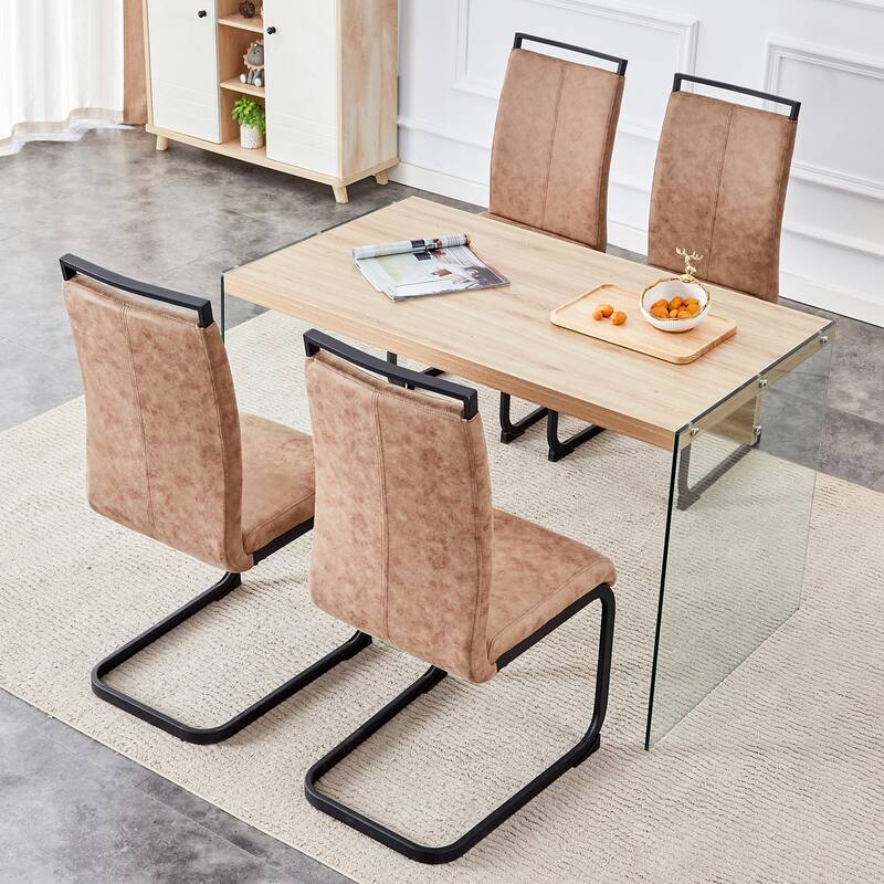 Modern Dining Set with Tempered Glass Legs & Fabric Chairs