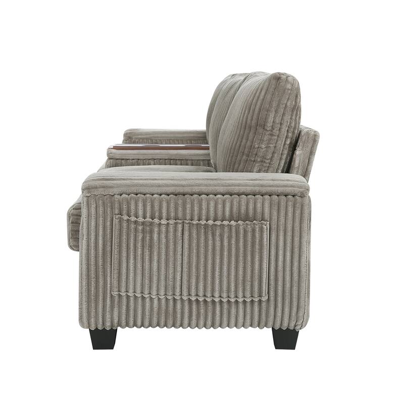 133" Corduroy 4-Seater Sofa with USB Ports, Hidden Storage Arms & Flip-Top Cup Holders