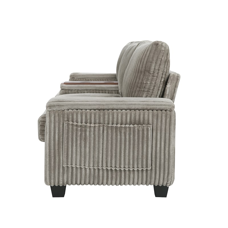 Roomfitters 4-Seater Corduroy Modern Sofa Couch with USB Ports Hidden Storage Arms & Flip-Top Cup Holders for Living Room