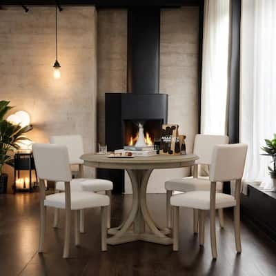 5-Piece Retro Round Dining Table Set with Curved Trestle Style Table Legs and 4 Upholstered Chairs for Dining Room