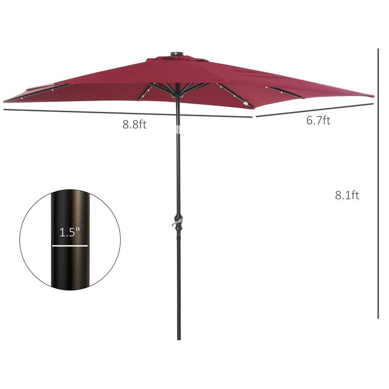 Outdoor terrace umbrella with tilting mechanism and LED lighting
