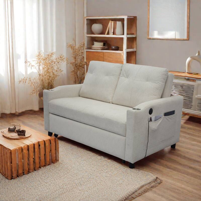 Lounge Sofa Loveseat Sofa Bed with USB Charging Port & Storage Pocket, Sleeper Couch with Reclining Backrest