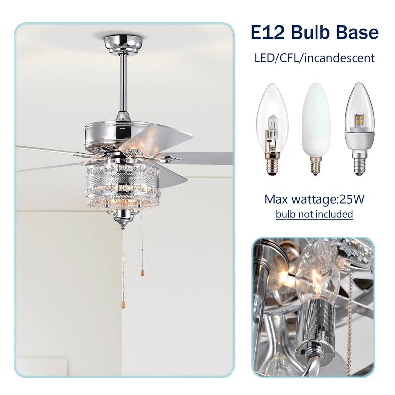 52'' Classical Crystal Ceiling Fan Lamp 5 Reversible Blades,Chrome(Hand Pull Chain)
