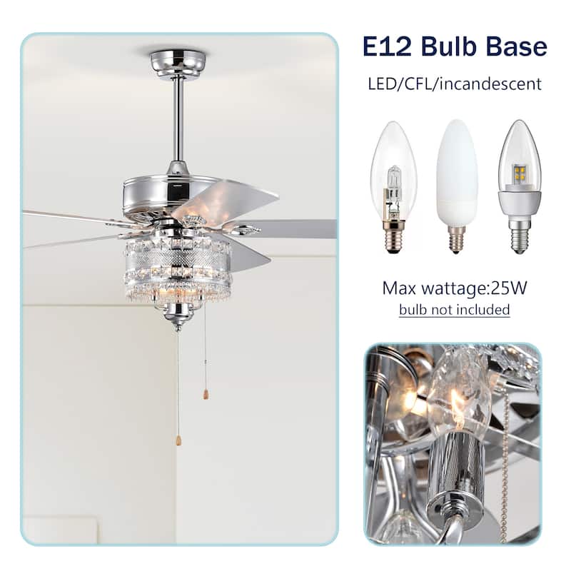 Sofucor 52" Ceiling Fan with Light Remote, Classical Crystal Chandelier fan, 5 Reversible Blades & Reverse Airflow - 52 Inches