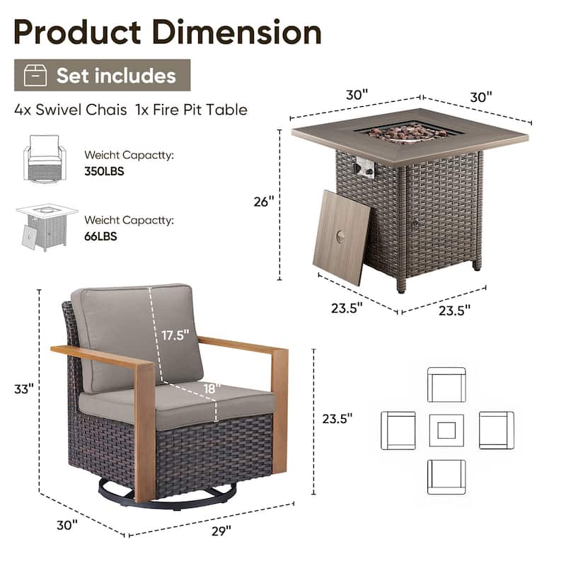 Pocassy 5 Pieces Outdoor All-Weather Chair with Fire Table Set