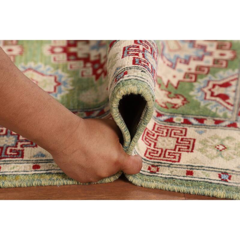 Light Green Geometric Kazak Oriental Accent Rug Handmade Wool Carpet - 2'7" x 3'10"