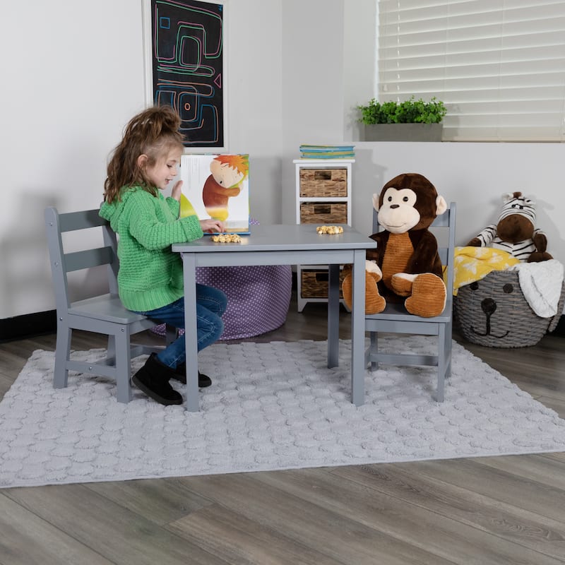 Kids 3 Piece Solid Hardwood Table and Chair Set for Playroom, Kitchen - Grey