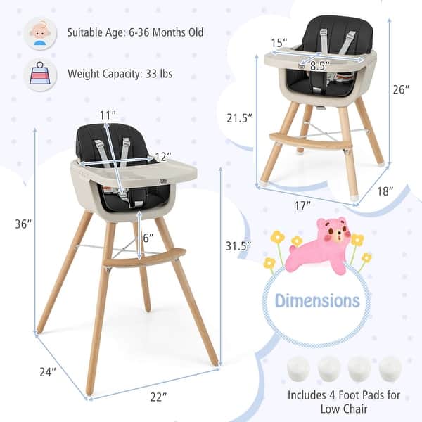 dimension image slide 0 of 4, Babyjoy 3 in 1 Convertible Wooden High Chair Toddler Feeding Chair - 20.5" x 21.5" x 36"