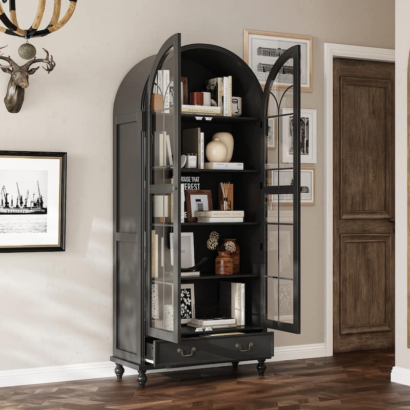 Arched Glass Display Cabinet with Drawer, Tall Curio Bookshelf for Living Room