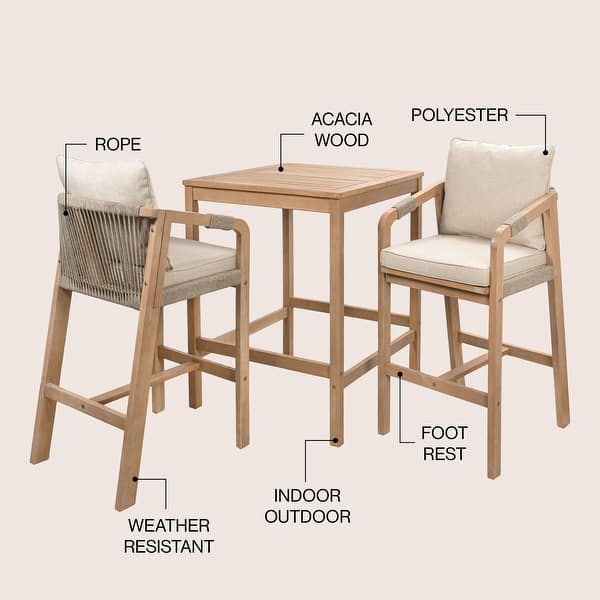 dimension image slide 1 of 4, 3-Piece Acacia Wood Outdoor Bar Set with Cushions, by JONATHAN Y