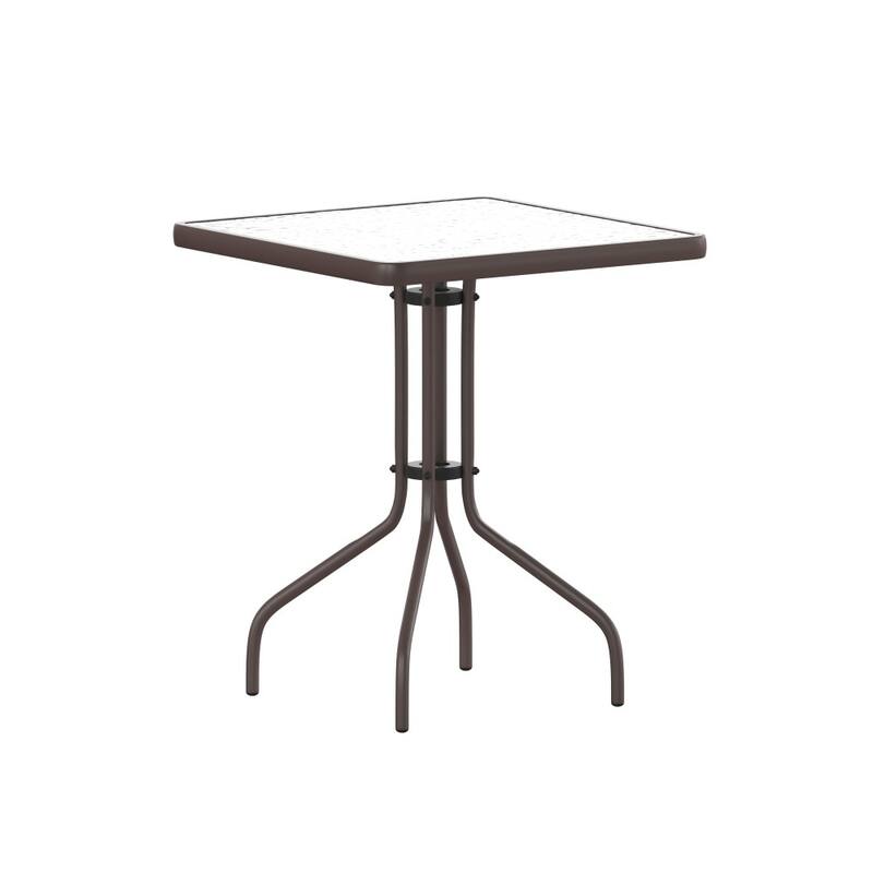 23.5" Square Glass Metal Table with 2 Metal Aluminum Slat Stack Chairs