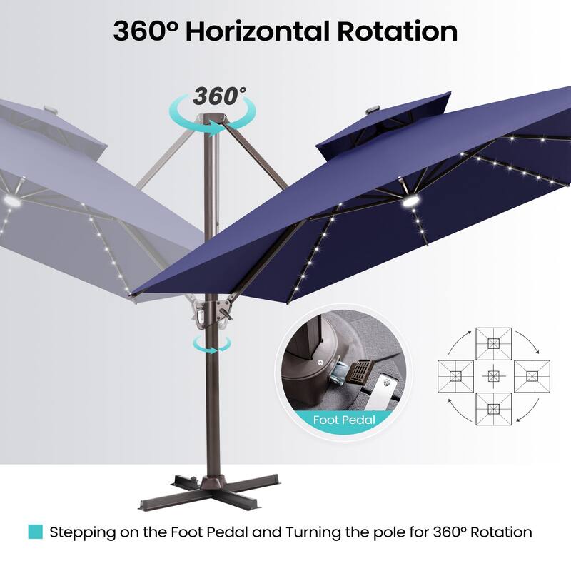 10 FT x 13 FT Outdoor Patio Premium LED Lighted Double Top Cantilever Offset Umbrella with Base