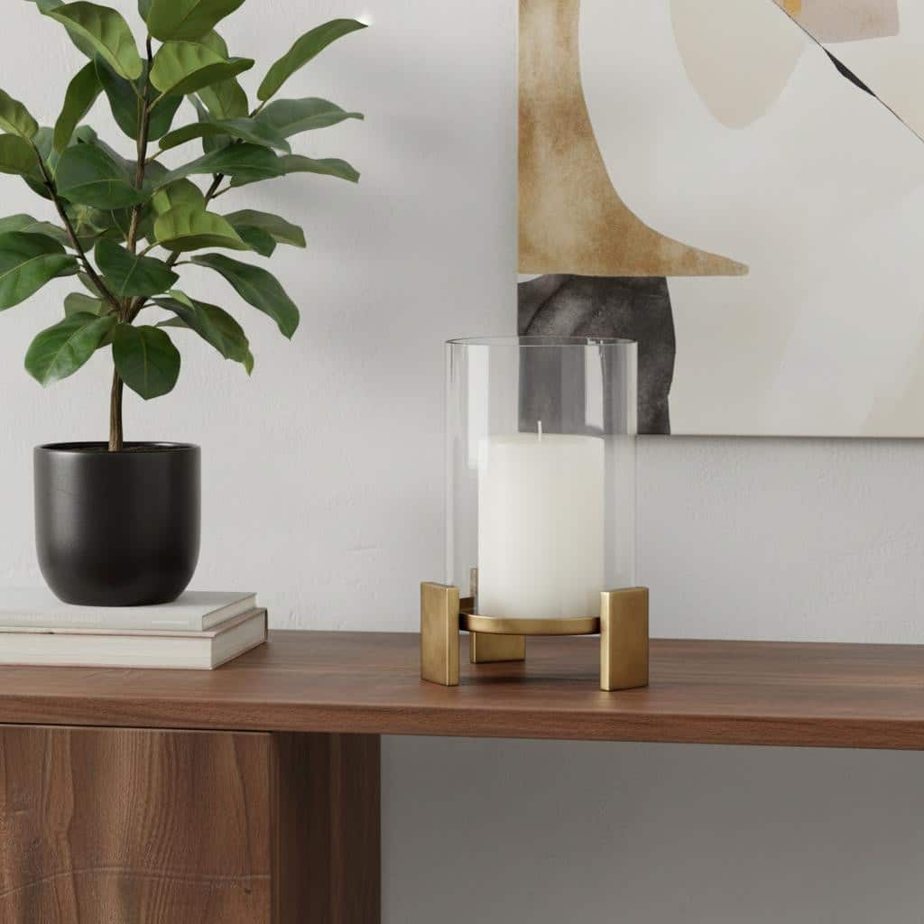 12" Gold Geometric Glass And Metal Tabletop Hurricane Candle Holder