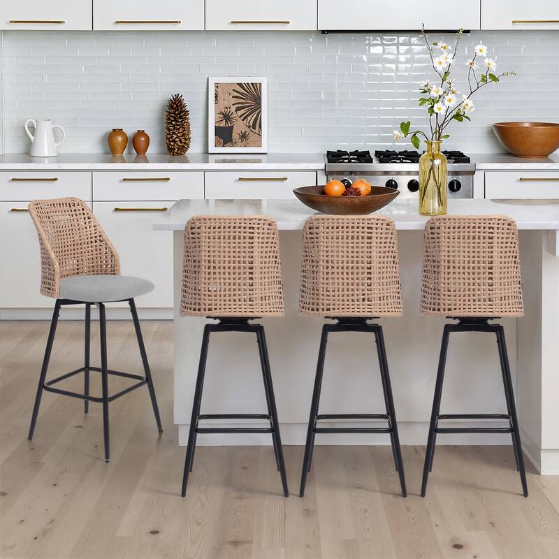 Chenille Counter Height Swivel Bar Stools Rattan Back with Metal Legs