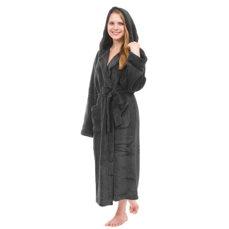 Women's Hooded Plush Robe, Long Fleece Solid Robe