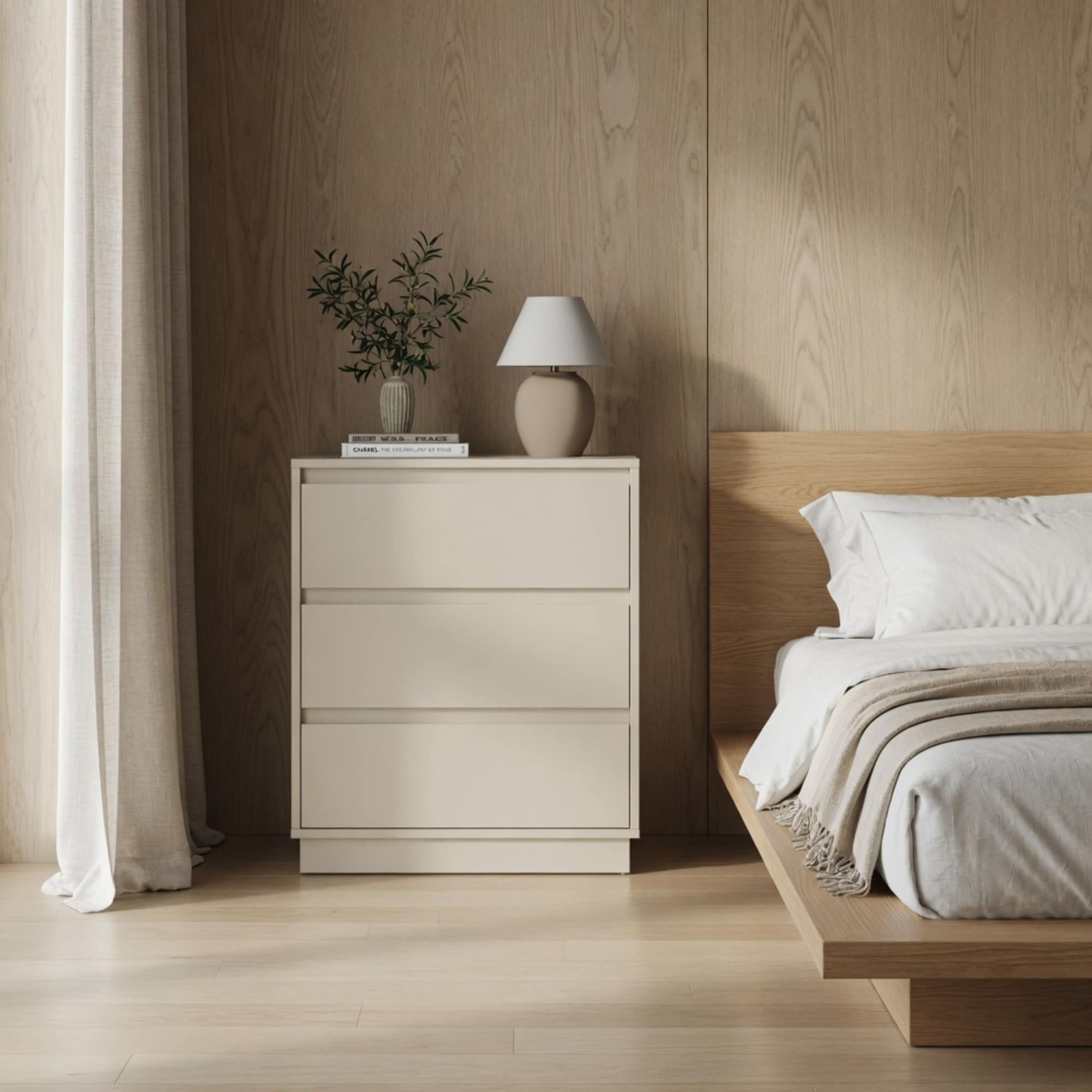 Set of 2, 23.6 Wide Beige Large Morden Wood Nightstand with 3 Drawers