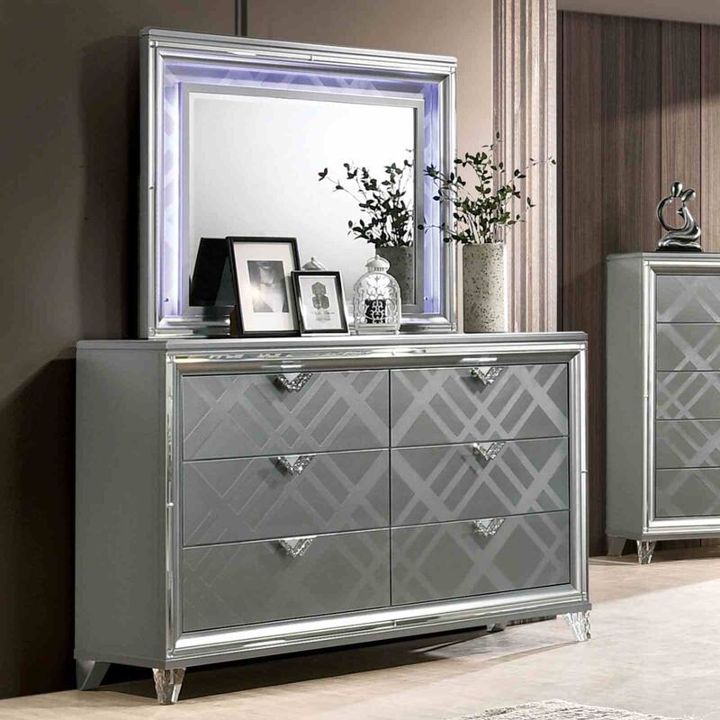 Contemporary Silver Finish Bedroom Furniture Set with LED Light