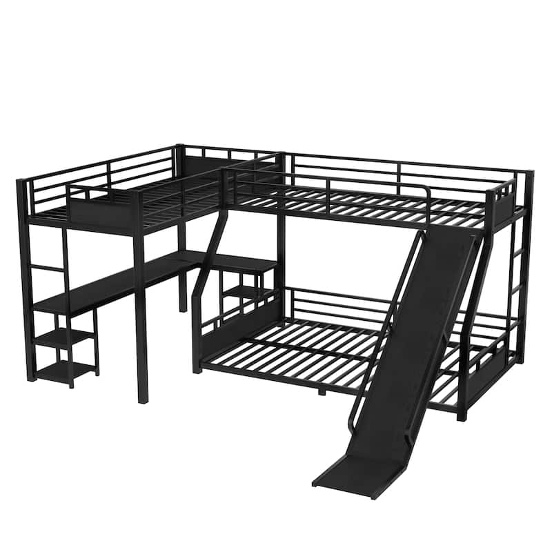 L-Shaped Metal Bunk Bed (Top bed:Twin XL, bottom bed: Queen) with Twin XL Loft Bed, Desk,Metal Triple Bunk Bed