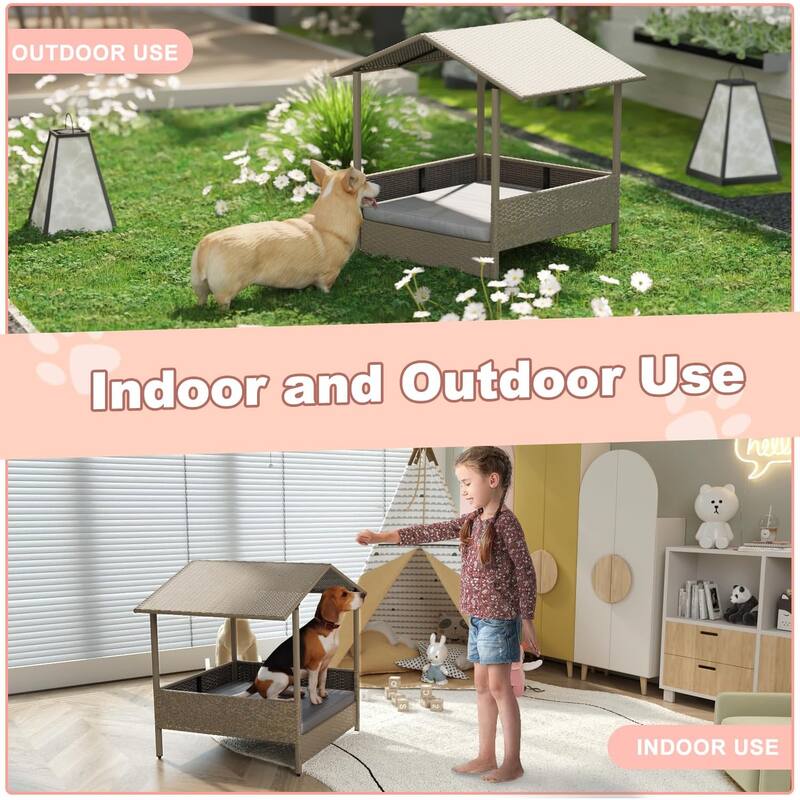 BOSSIN PE Rattan Dog House with Canopy - Indoor/Outdoor Shelter for Small/Medium Dogs, Removable Cushion - Patio,Yard, Poolside