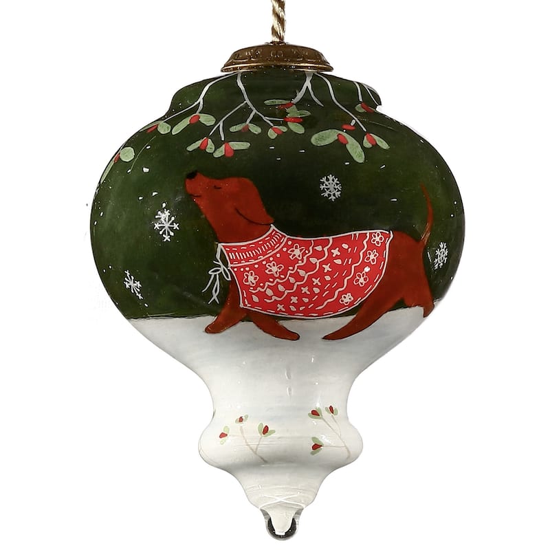 Trotting Dog in Comfy Christmas Attire Hand Painted Mouth Blown Glass Ornament - 3.75" x 2.75" x 2.75"